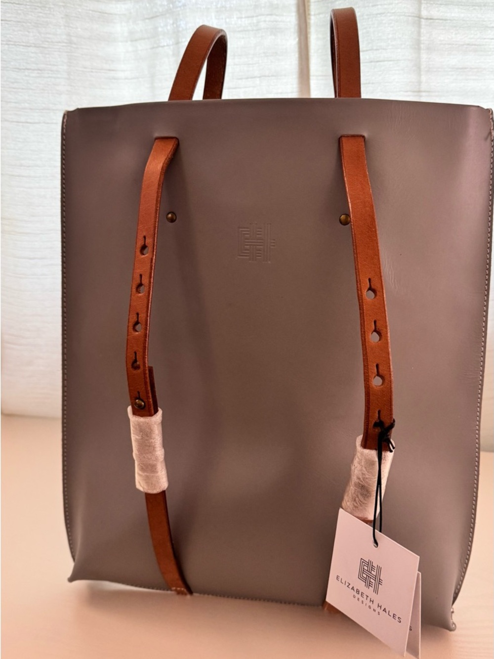 Elizabeth Hales  Leather Tote Backpack in Taupe with Tan Straps